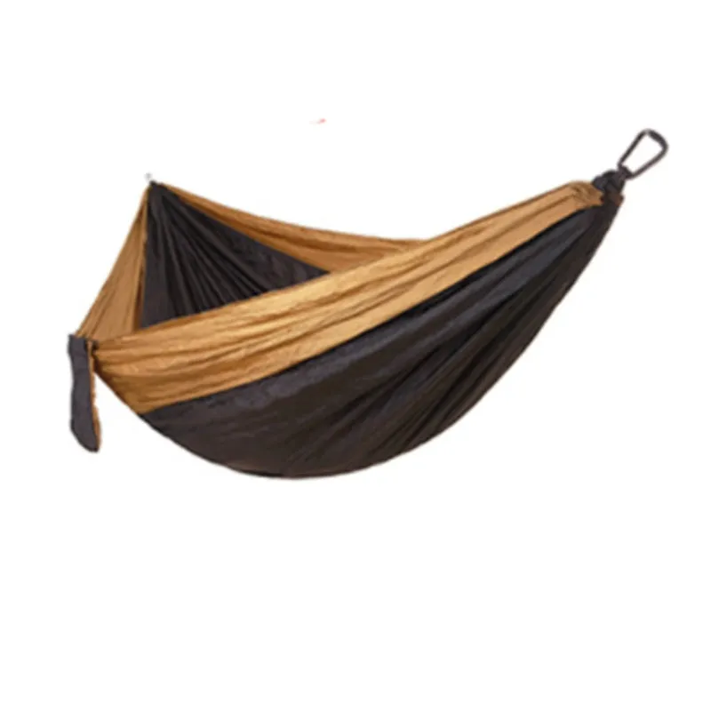 Double widened camping hammock 275x140cm in 210T nylon parachute fabric with steel buckles and ropes, shown outdoors in a garden setting