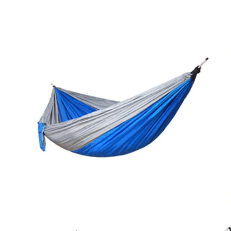 Double widened camping hammock 275x140cm in 210T nylon parachute fabric with steel buckles and ropes, shown outdoors in a garden setting