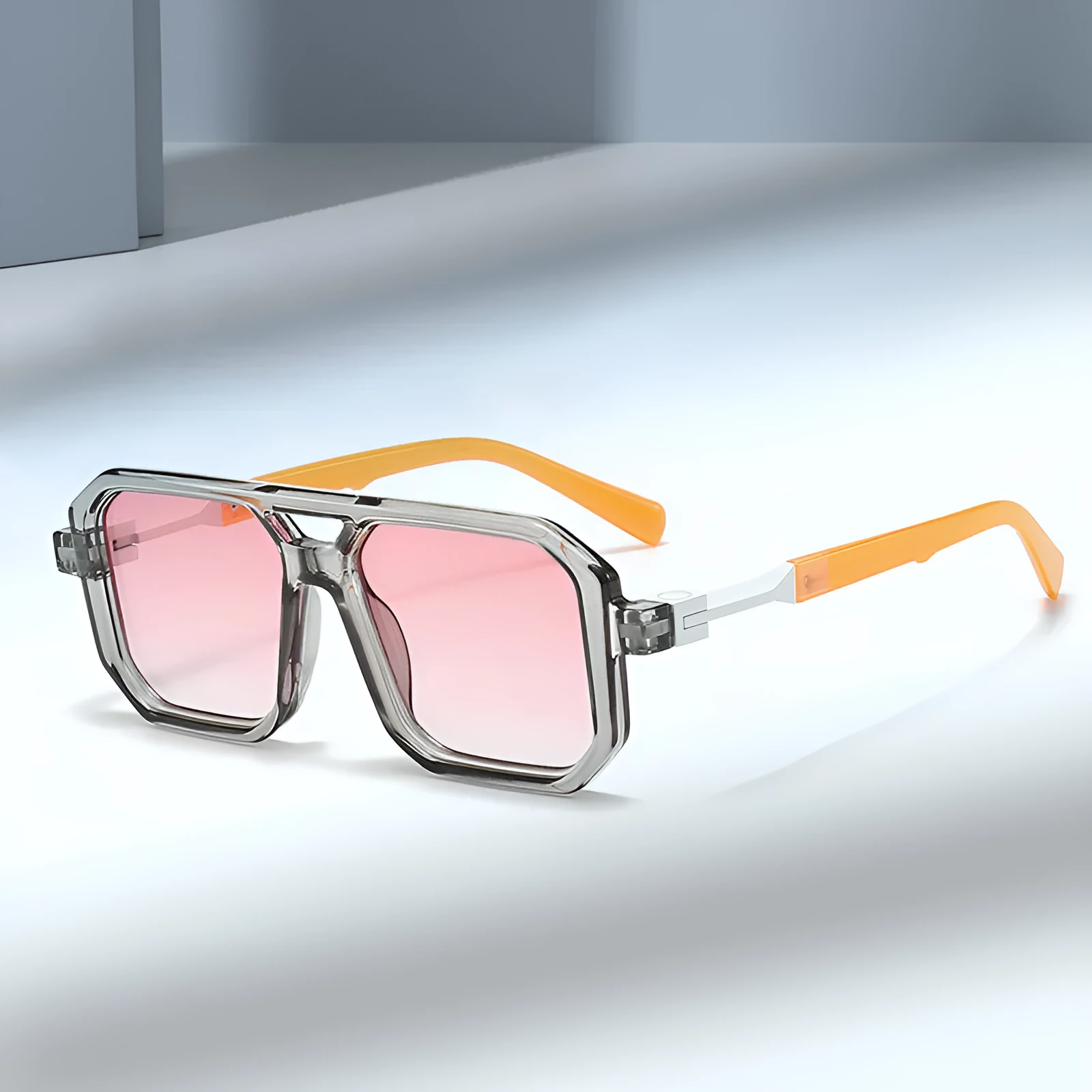 Retro double beam pilot catwalk sunglasses showing multiple colour and lens combinations