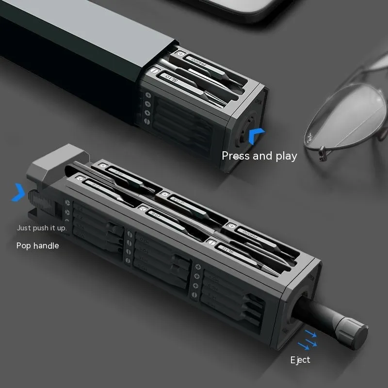 44-in-1 multi-function screwdriver set with S2 alloy steel blades and 44 bits in a compact holder.