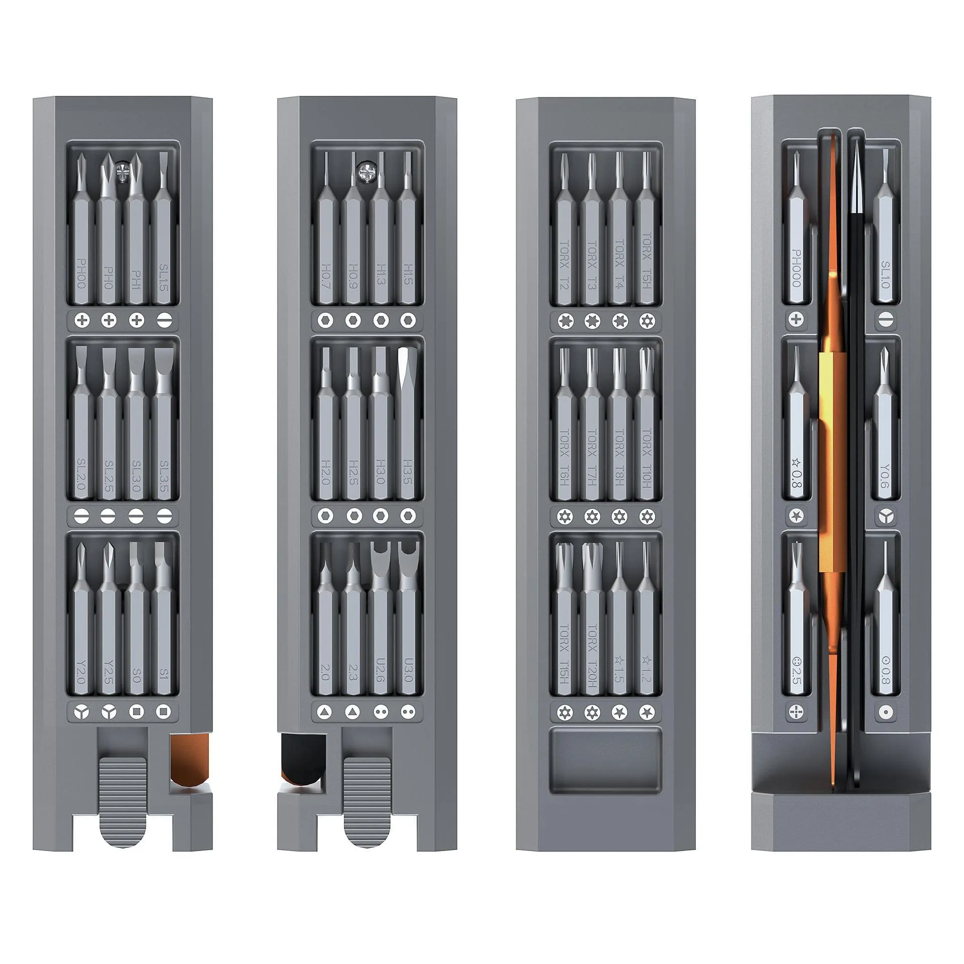 44-in-1 multi-function screwdriver set with S2 alloy steel blades and 44 bits in a compact holder.