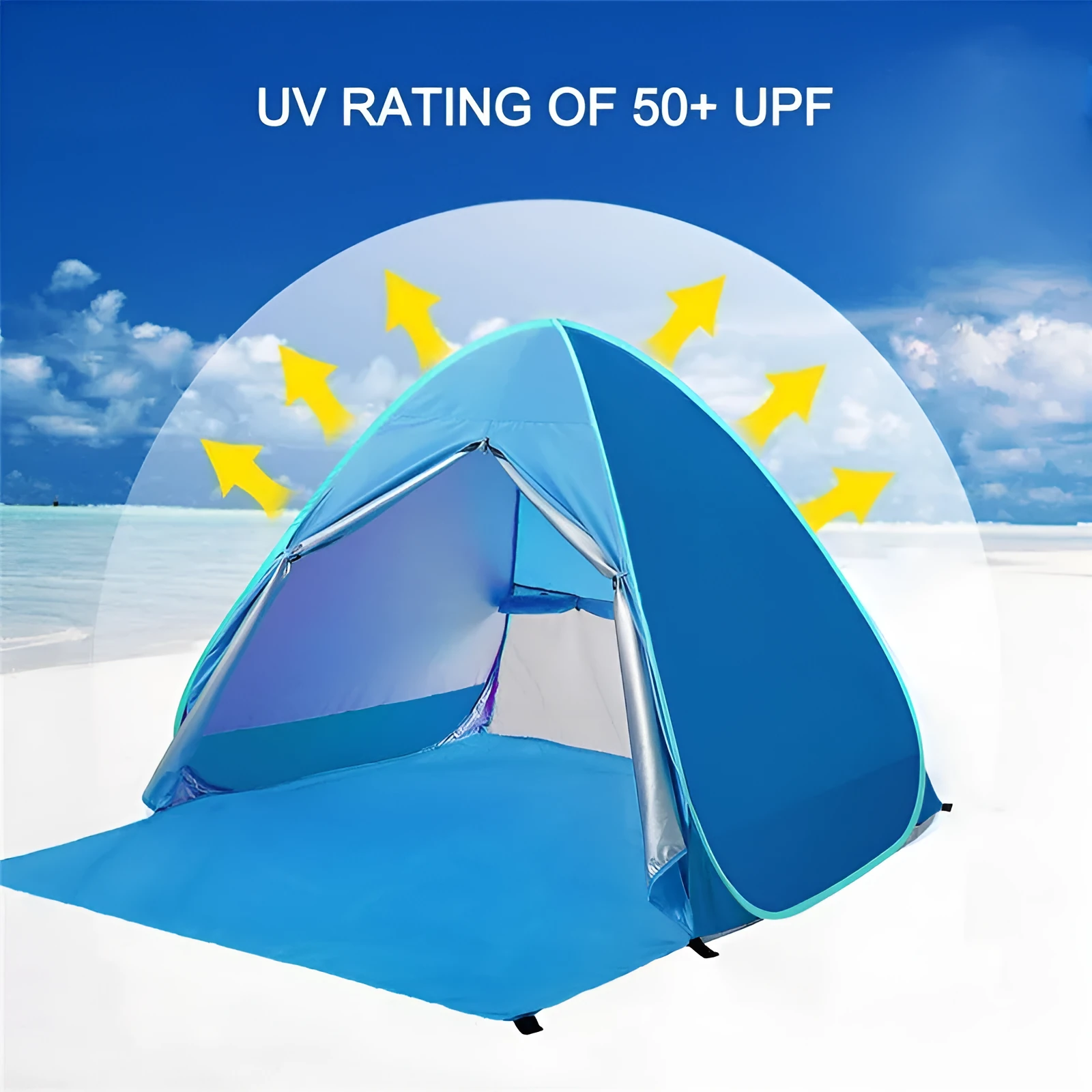 Blue automatic camping tent with curtain set up outdoors showing 165x150x110cm dimensions