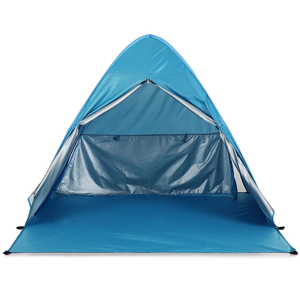 Blue automatic camping tent with curtain set up outdoors showing 165x150x110cm dimensions