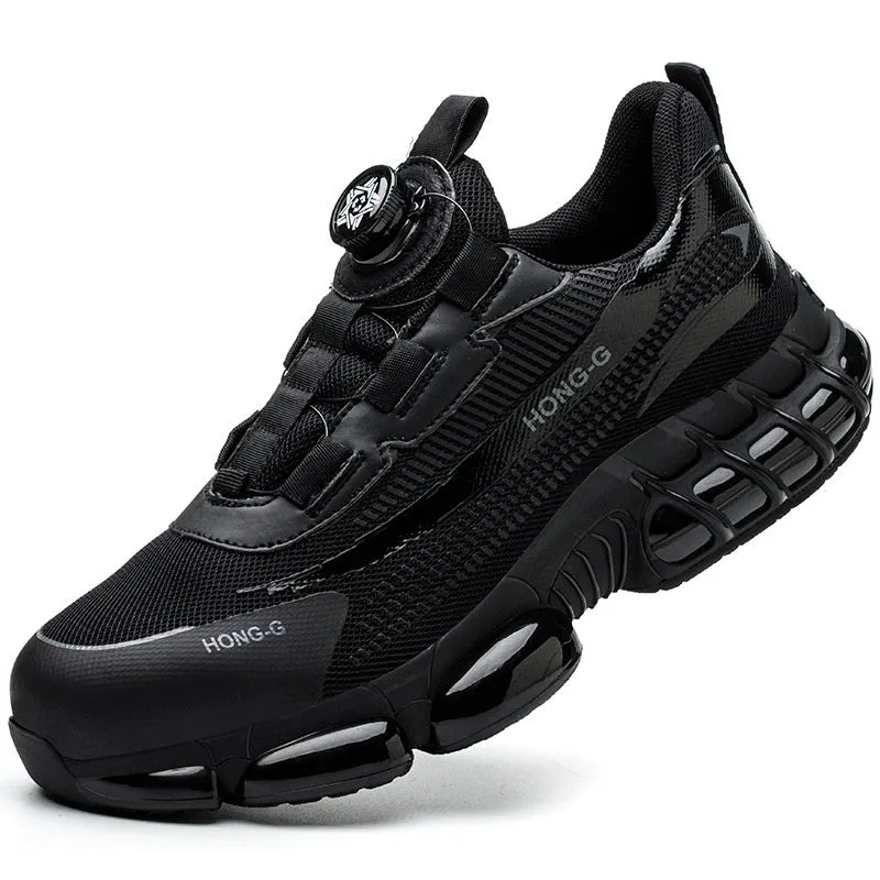 Lightweight black safety work shoes with steel toe cap and lace-up front on industrial background.