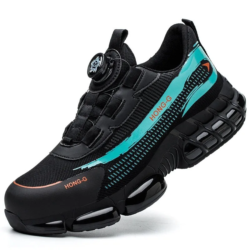 Lightweight black safety work shoes with steel toe cap and lace-up front on industrial background.