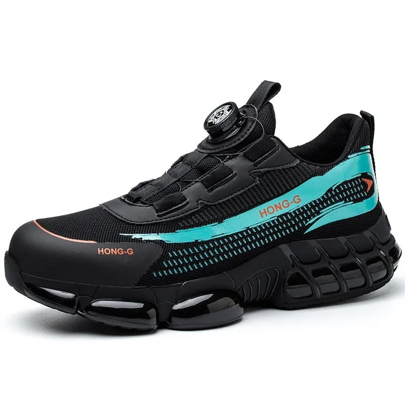 Lightweight black safety work shoes with steel toe cap and lace-up front on industrial background.