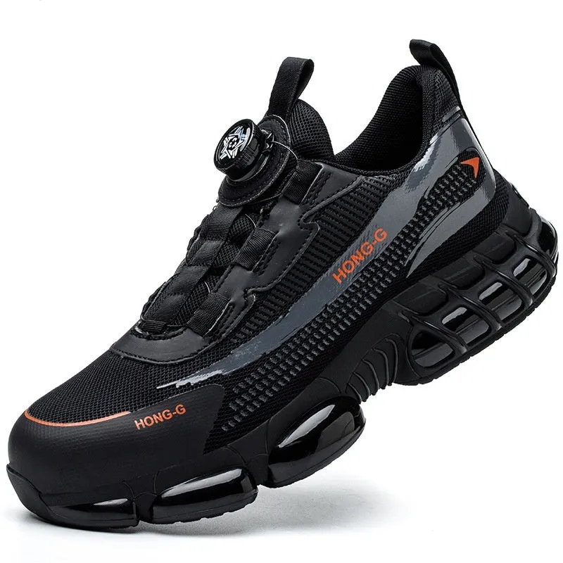 Lightweight black safety work shoes with steel toe cap and lace-up front on industrial background.