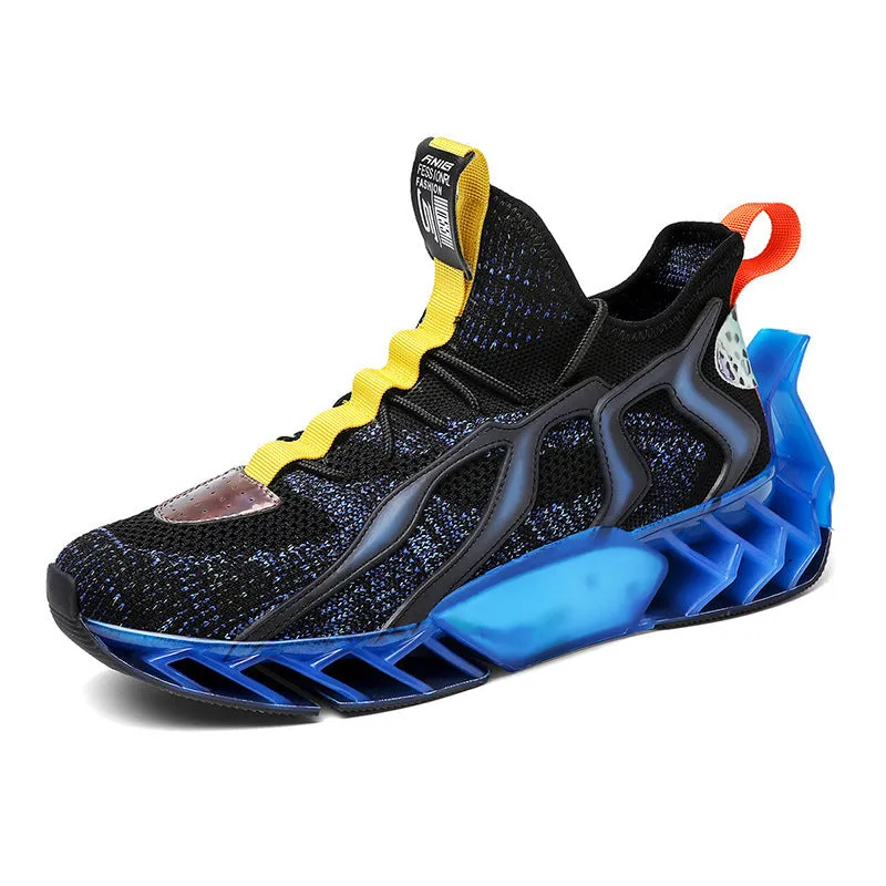 Flying woven leisure thick soled sports shoes for men, super fibre and flying fabric upper, thick Pu and popcorn sole, Black blue colourway