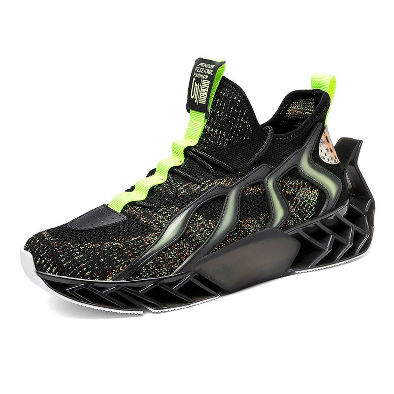 Flying woven leisure thick soled sports shoes for men, super fibre and flying fabric upper, thick Pu and popcorn sole, Black blue colourway
