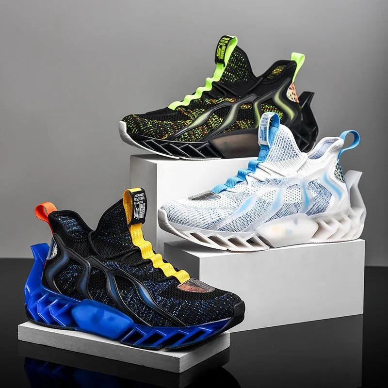 Flying woven leisure thick soled sports shoes for men, super fibre and flying fabric upper, thick Pu and popcorn sole, Black blue colourway
