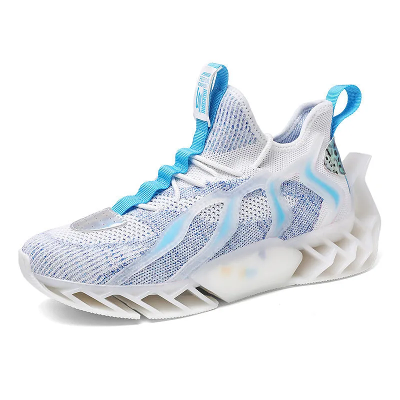 Flying woven leisure thick soled sports shoes for men, super fibre and flying fabric upper, thick Pu and popcorn sole, Black blue colourway