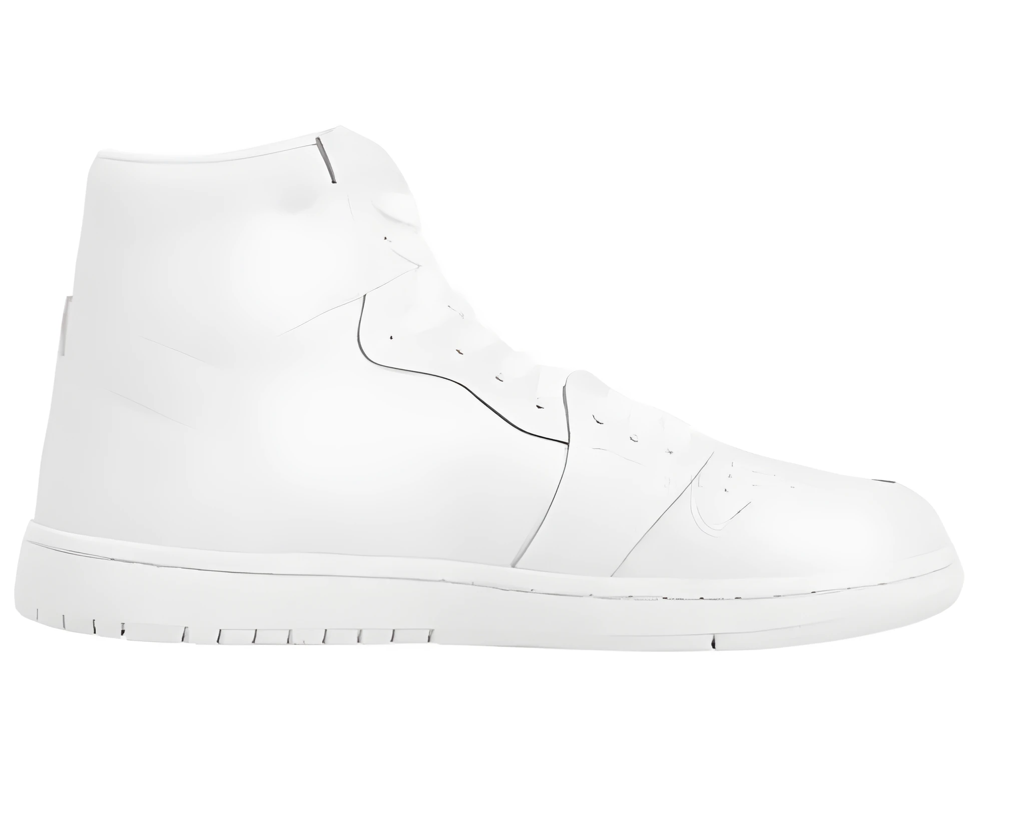 White high-top lace-up basketball shoes with artificial PU upper and rubber sole on display