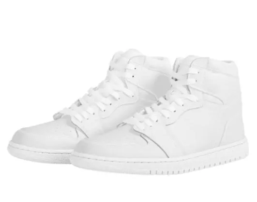 White high-top lace-up basketball shoes with artificial PU upper and rubber sole on display