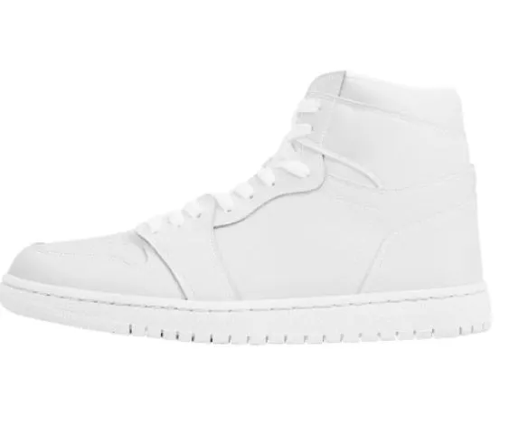 White high-top lace-up basketball shoes with artificial PU upper and rubber sole on display