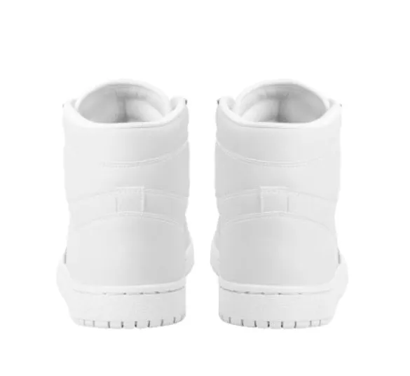 White high-top lace-up basketball shoes with artificial PU upper and rubber sole on display