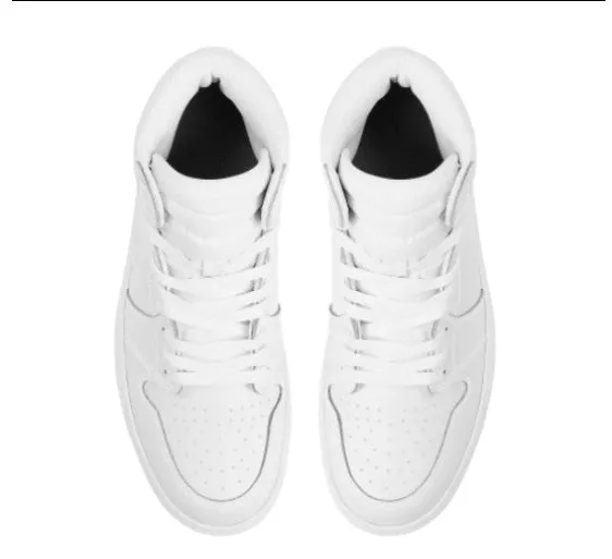 White high-top lace-up basketball shoes with artificial PU upper and rubber sole on display