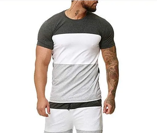 Cotton striped slim fit short sleeve T-shirt for men in grey colour block design