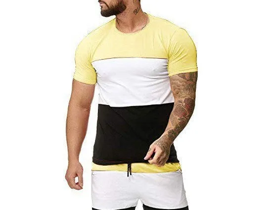 Cotton striped slim fit short sleeve T-shirt for men in grey colour block design