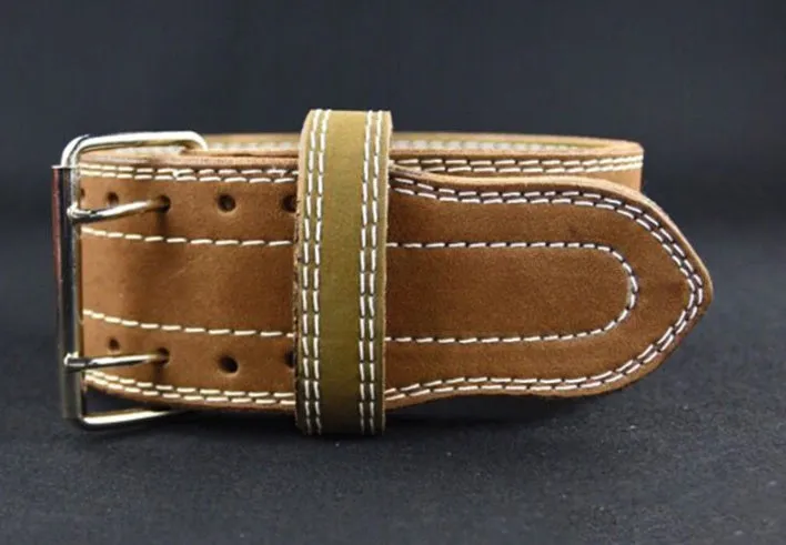 Sports belt fitness belt four-layer cowhide belt in black with adjustable buckle on a plain background