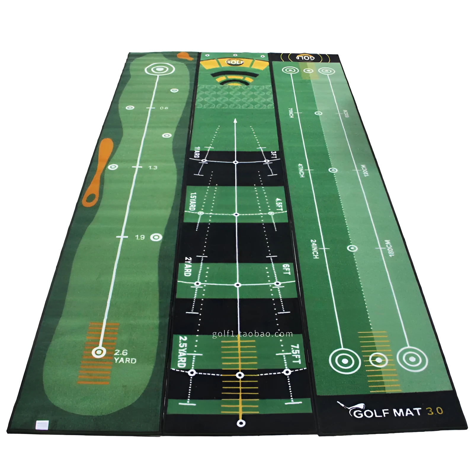 Golf putting practice blanket 3 metres long with non-slip TPR surface, green style, on grassy outdoor area