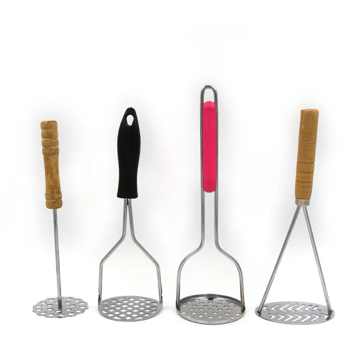 Manual potato masher with iron plated flower-shaped head and natural wooden handle
