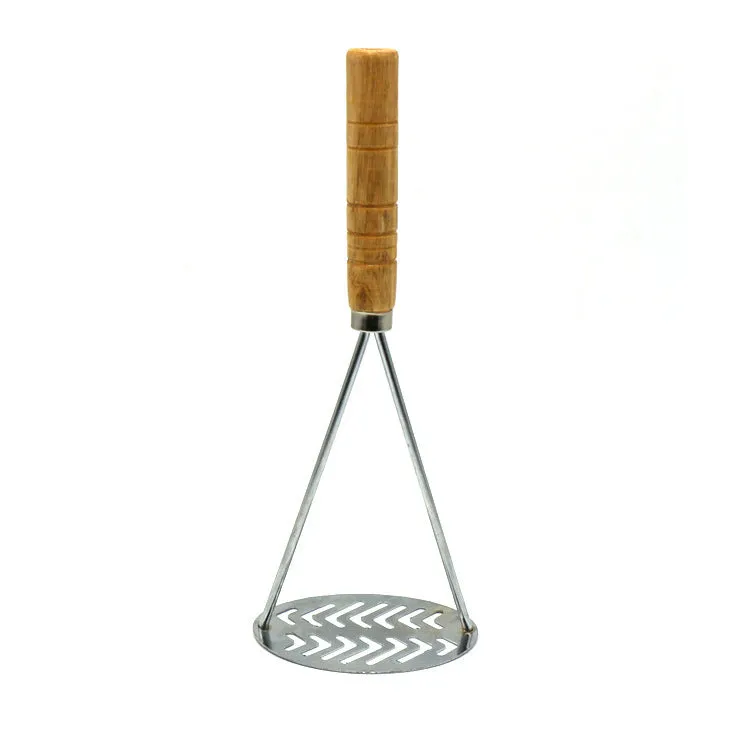 Manual potato masher with iron plated flower-shaped head and natural wooden handle