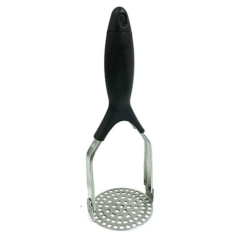 Manual potato masher with iron plated flower-shaped head and natural wooden handle