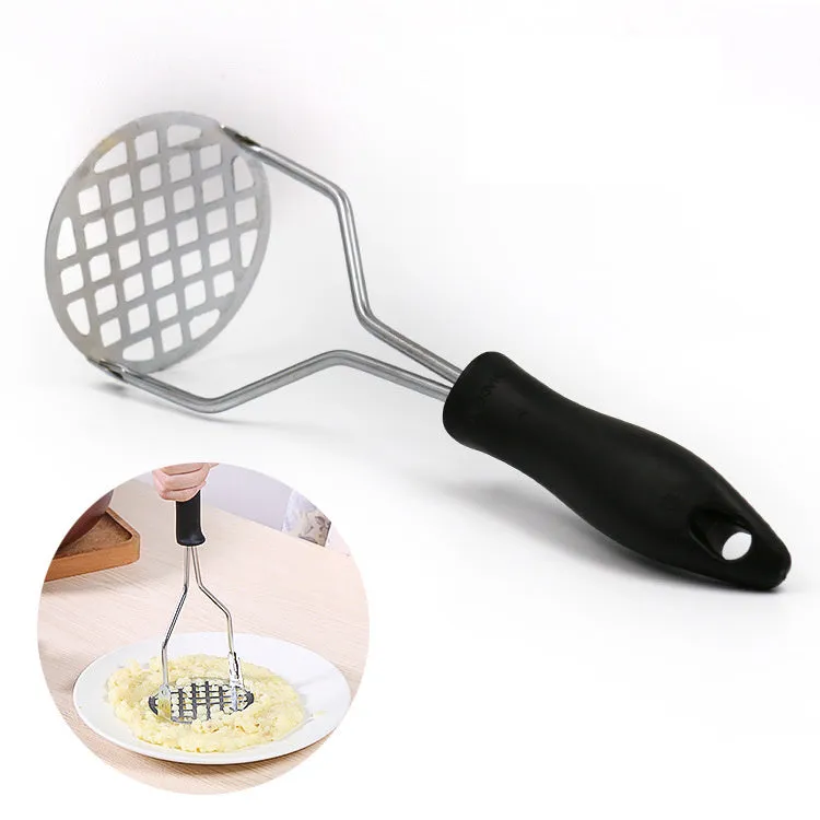 Manual potato masher with iron plated flower-shaped head and natural wooden handle
