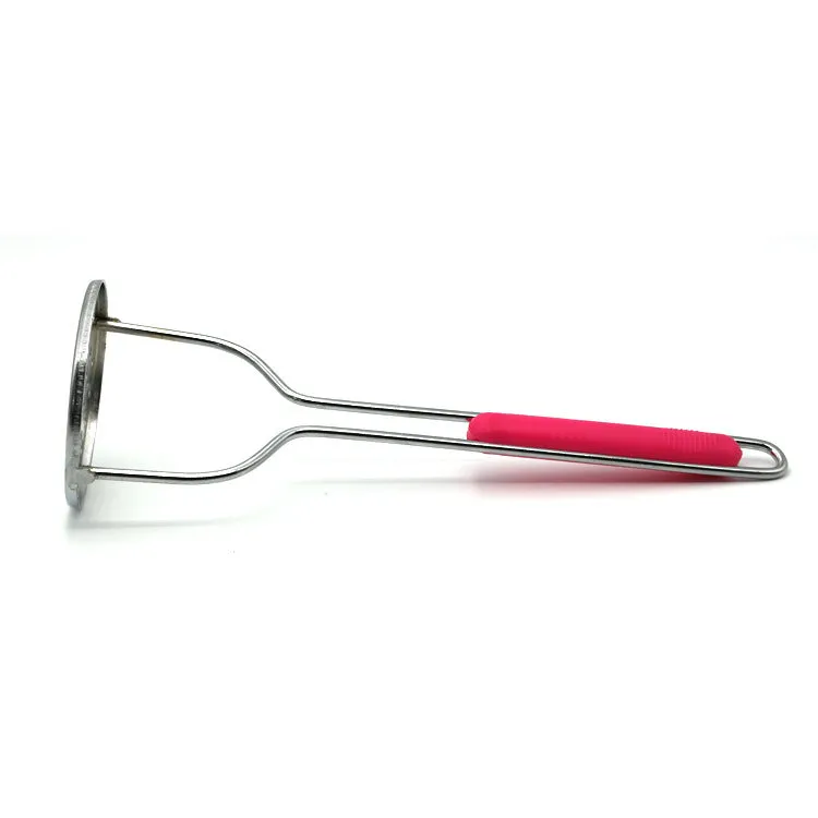 Manual potato masher with iron plated flower-shaped head and natural wooden handle