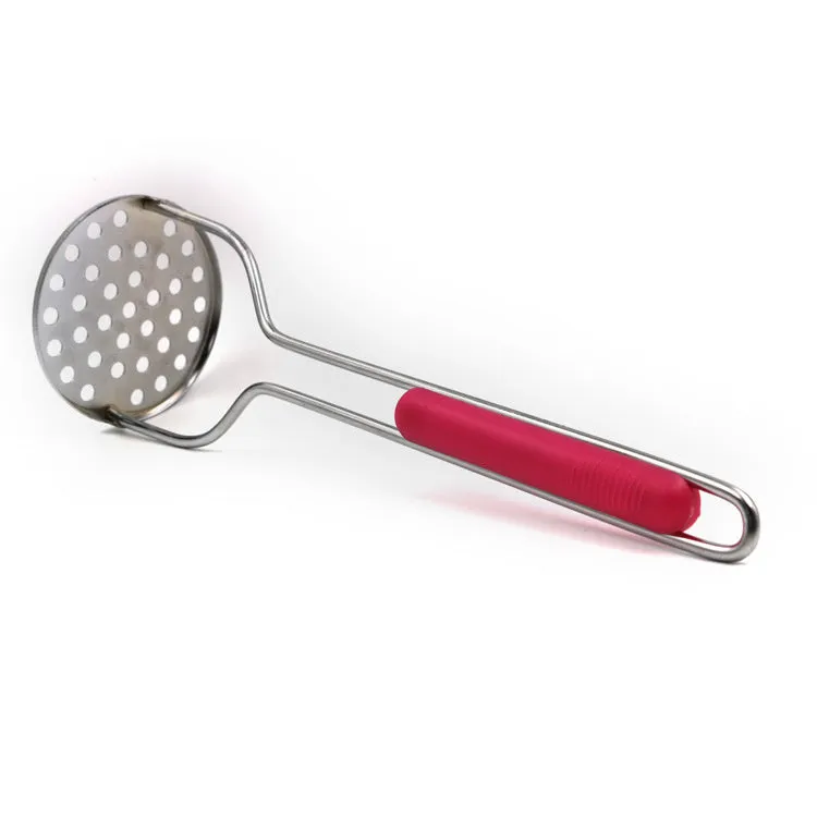 Manual potato masher with iron plated flower-shaped head and natural wooden handle