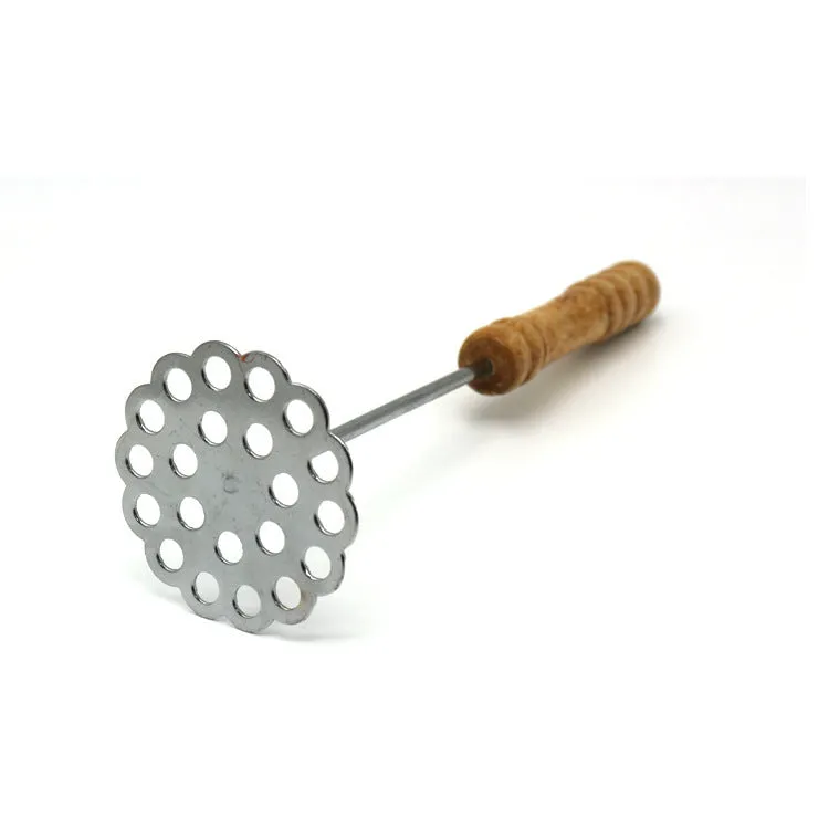 Manual potato masher with iron plated flower-shaped head and natural wooden handle