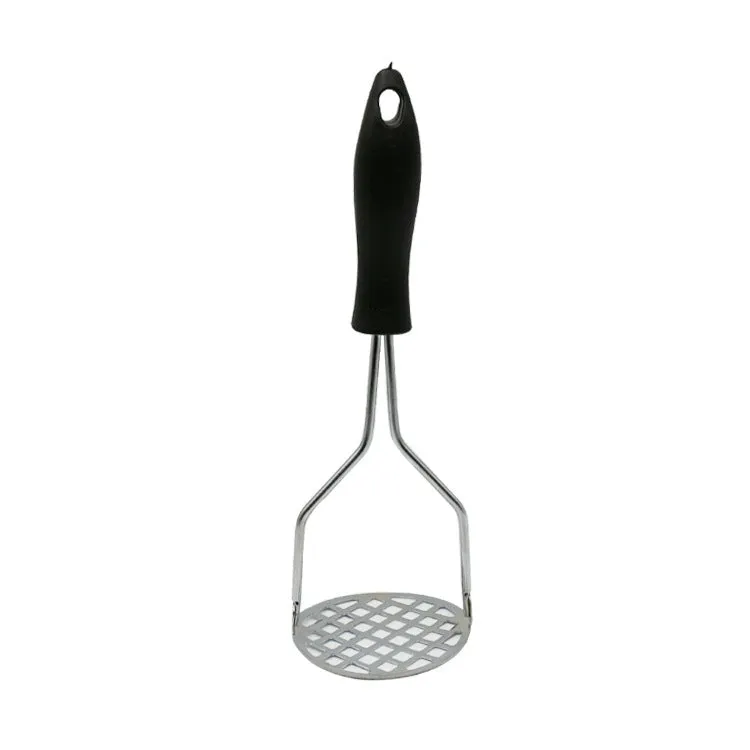 Manual potato masher with iron plated flower-shaped head and natural wooden handle