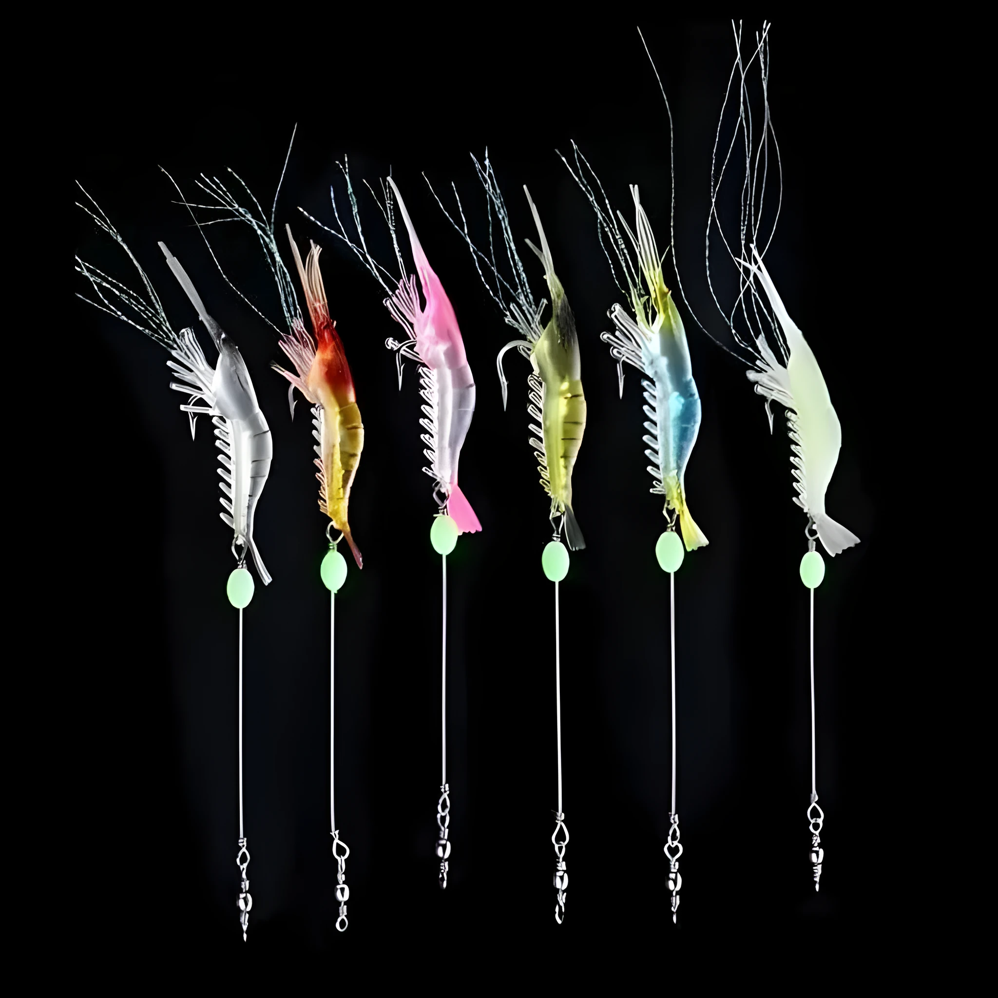 Pack of six assorted soft plastic fishing lures with pre-attached metal hooks.