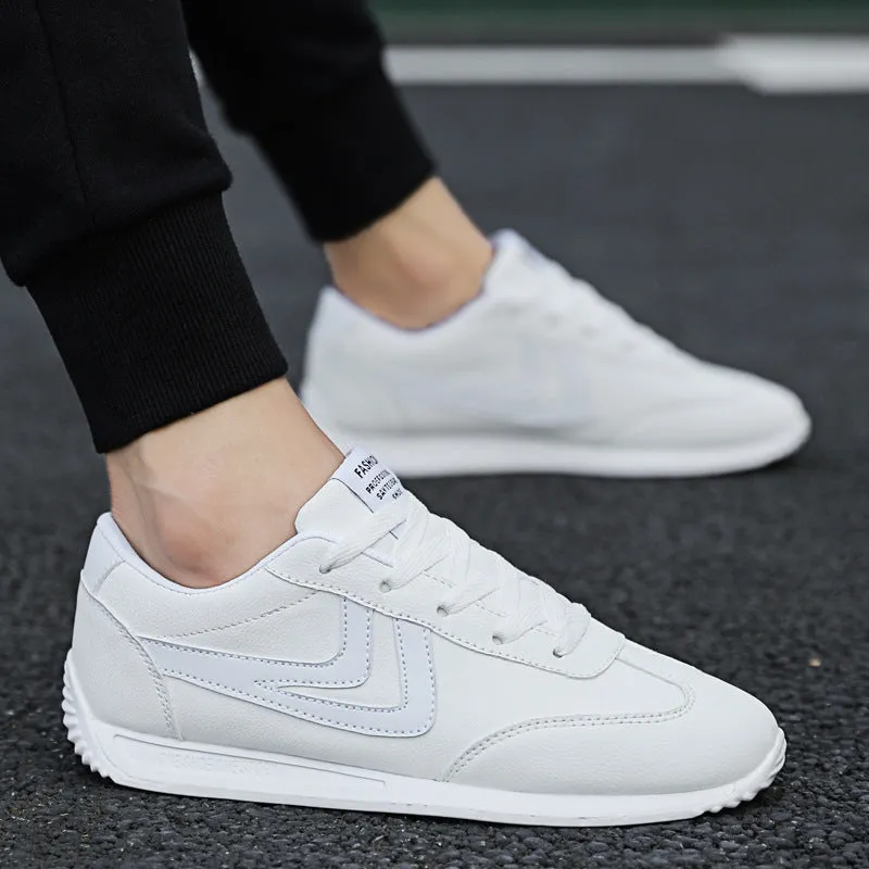 Men's Korean style white shoes with artificial PU upper and rubber sole in round toe design