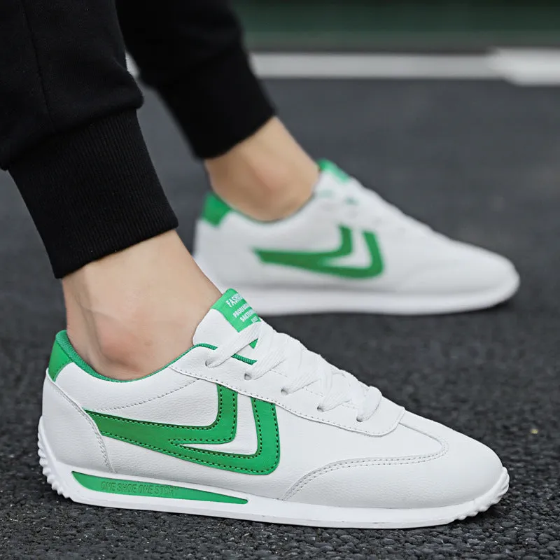 Men's Korean style white shoes with artificial PU upper and rubber sole in round toe design