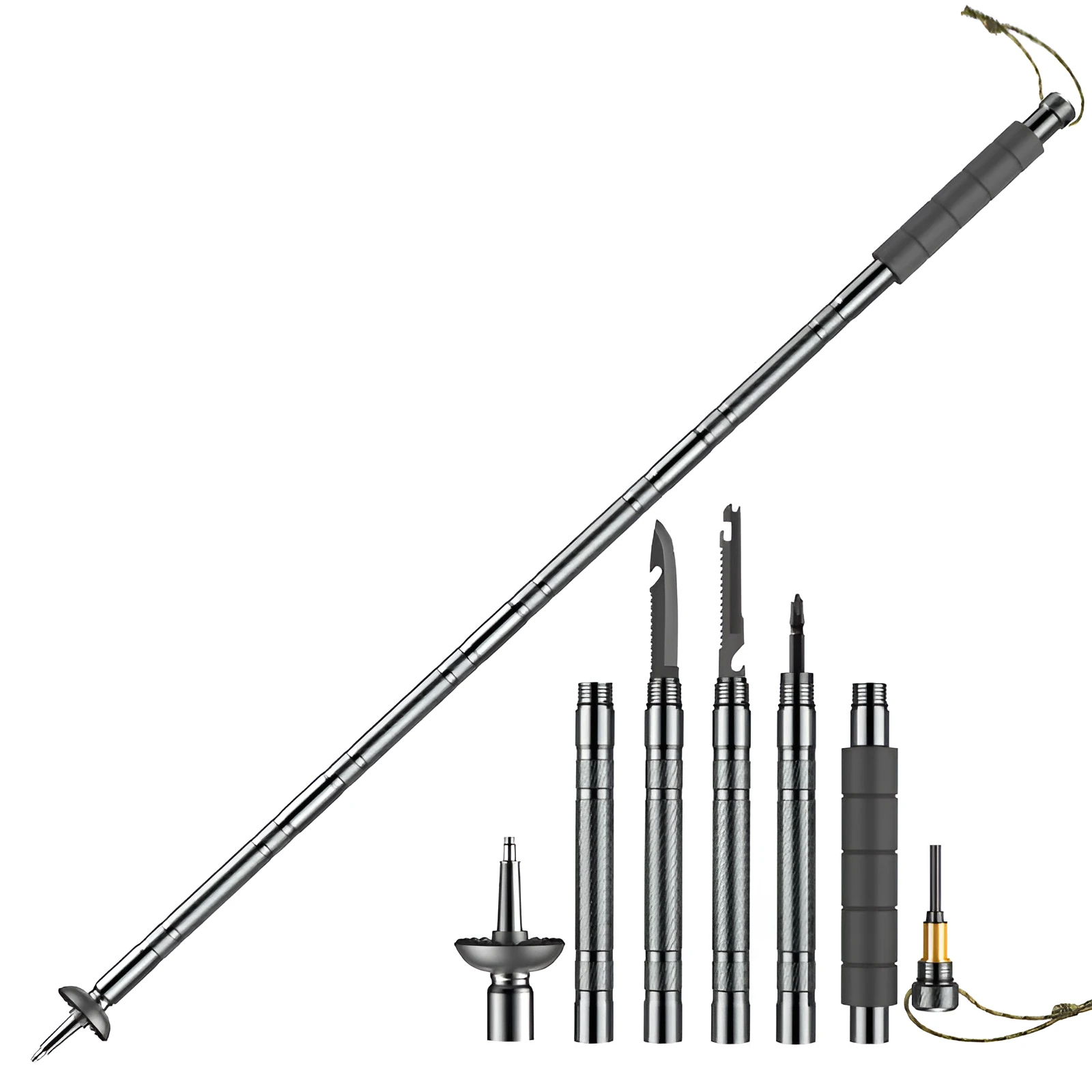Dark grey aluminium trekking pole with tactical knife and screwdriver accessories on a hiking trail