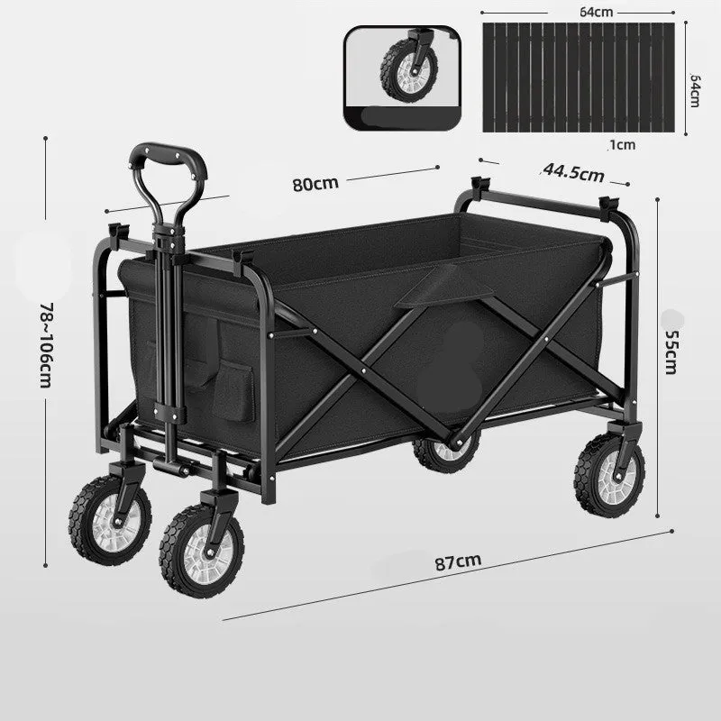 Foldable camping cart in black with 600kg capacity and push-pull handle on grass