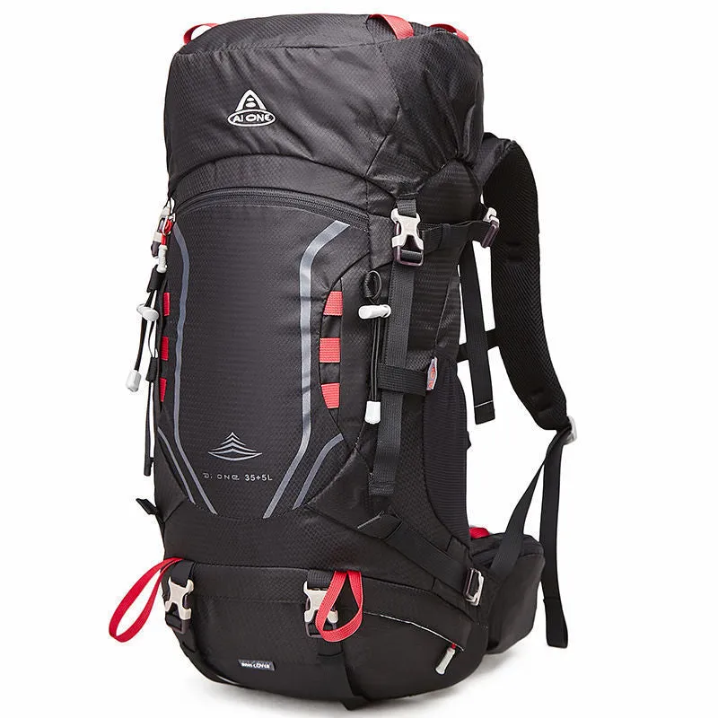 Large capacity hiking backpack 35+5L in dark green, tear-resistant nylon, ultralight mesh frame