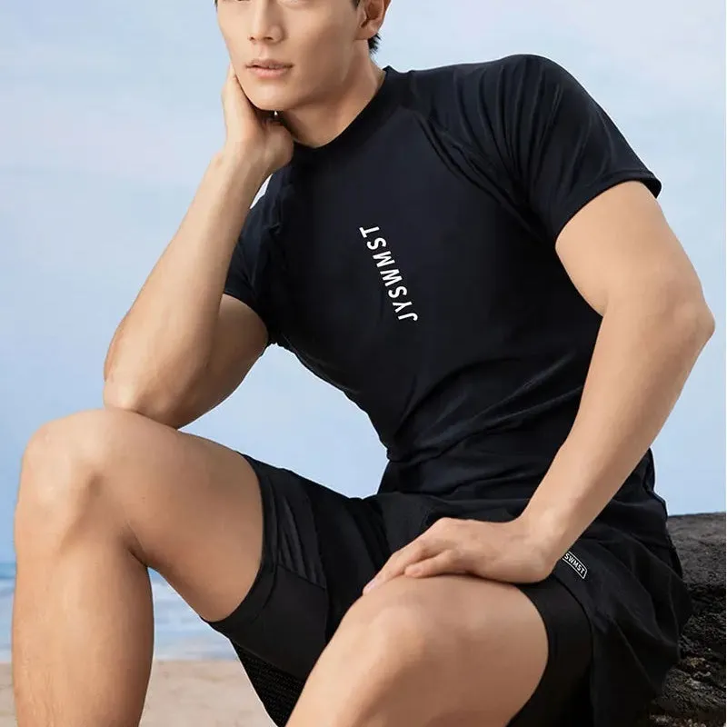 Men's plus size two-piece polyester swimsuit set in a patterned design, showing top and matching trunks.