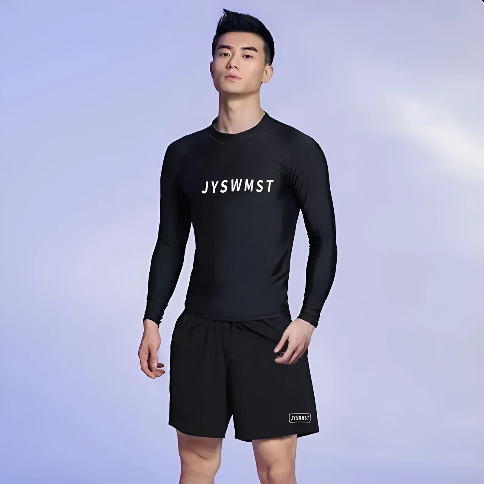 Men's plus size two-piece polyester swimsuit set in a patterned design, showing top and matching trunks.
