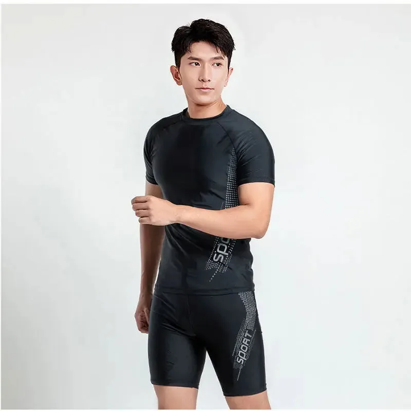 Men's plus size two-piece polyester swimsuit set in a patterned design, showing top and matching trunks.