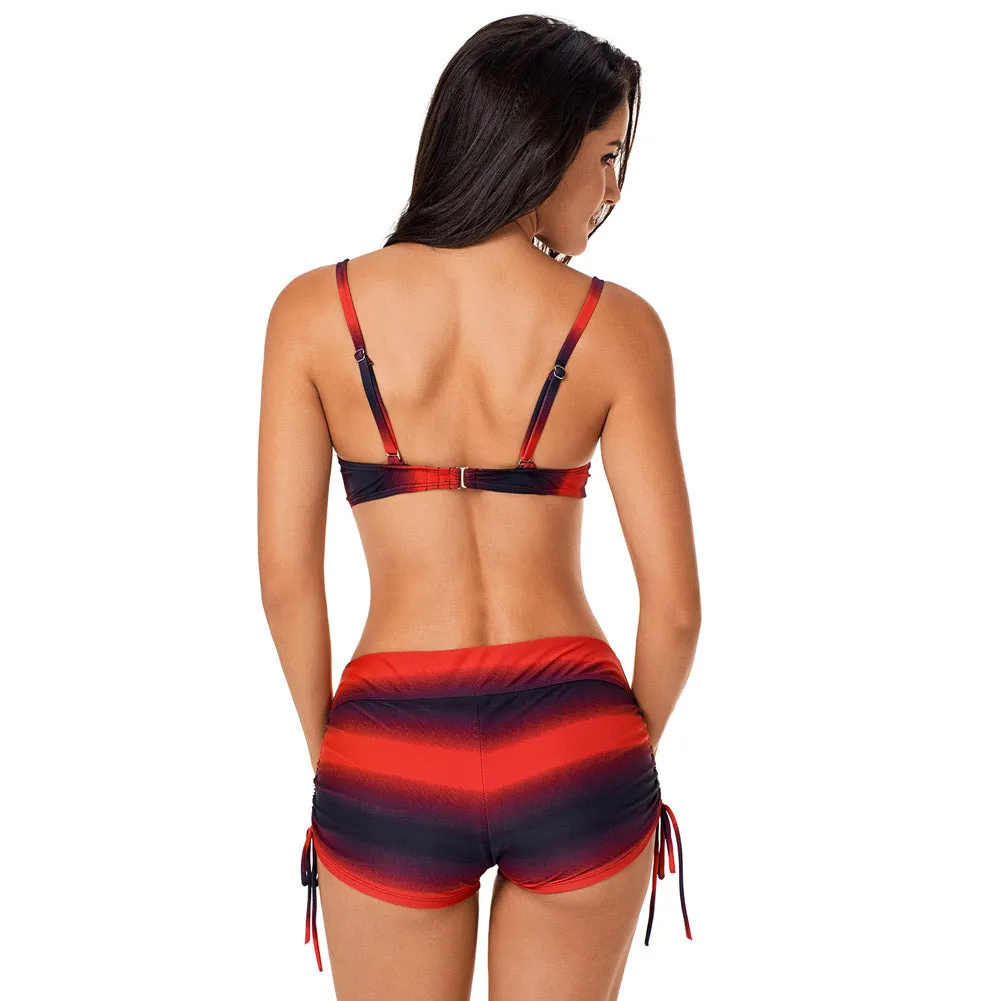 Plus size women's split swimsuit with gradient pattern in blue, adjustable straps, built-in cups, polyester fabric
