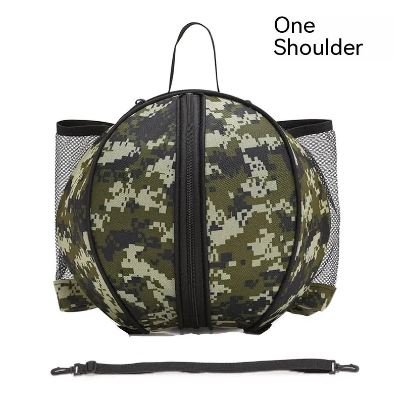 Oxford cloth basketball bag with 9L capacity in black or camouflage featuring one-shoulder and two-shoulder straps