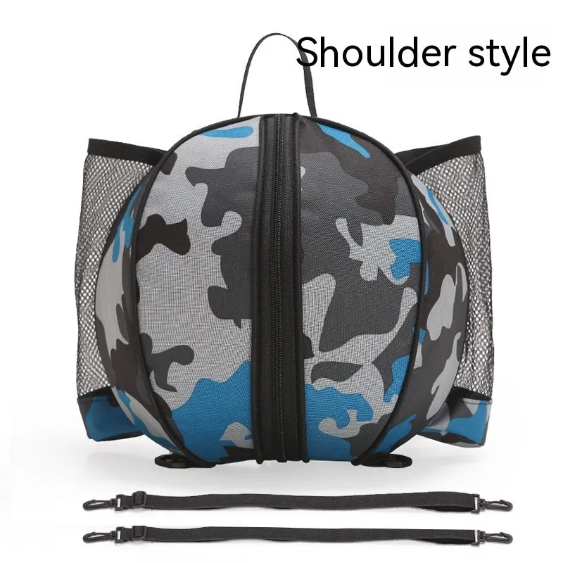 Oxford cloth basketball bag with 9L capacity in black or camouflage featuring one-shoulder and two-shoulder straps