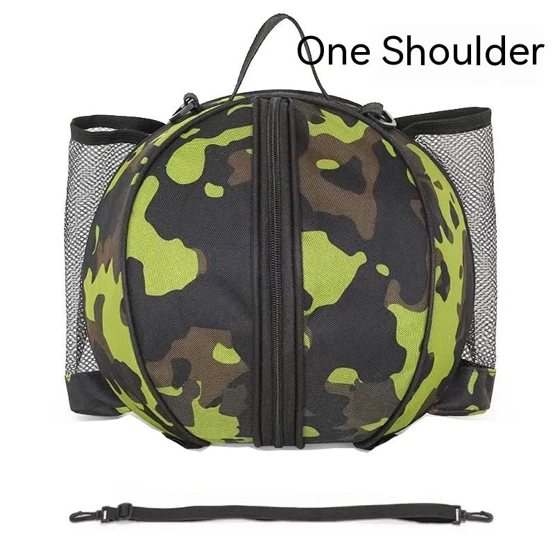 Oxford cloth basketball bag with 9L capacity in black or camouflage featuring one-shoulder and two-shoulder straps