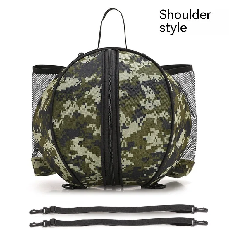 Oxford cloth basketball bag with 9L capacity in black or camouflage featuring one-shoulder and two-shoulder straps