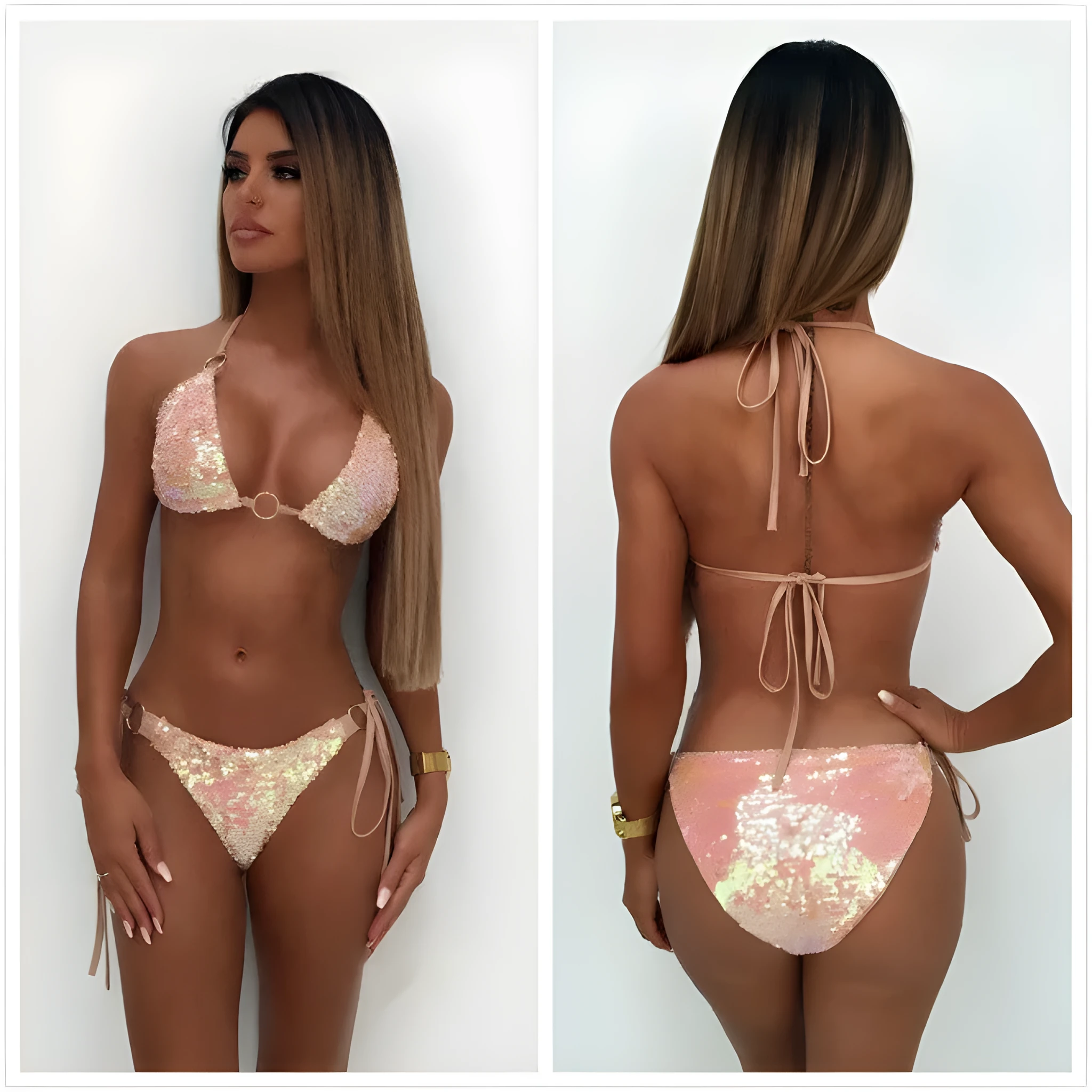 Pink sequin color-changing lace-up bikini set for women split swimsuit top and briefs