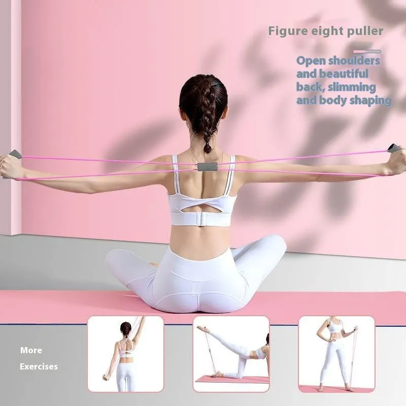 Yoga four piece set showing leg stretching device, yoga ring, pedal tensioner and figure eight tension rope