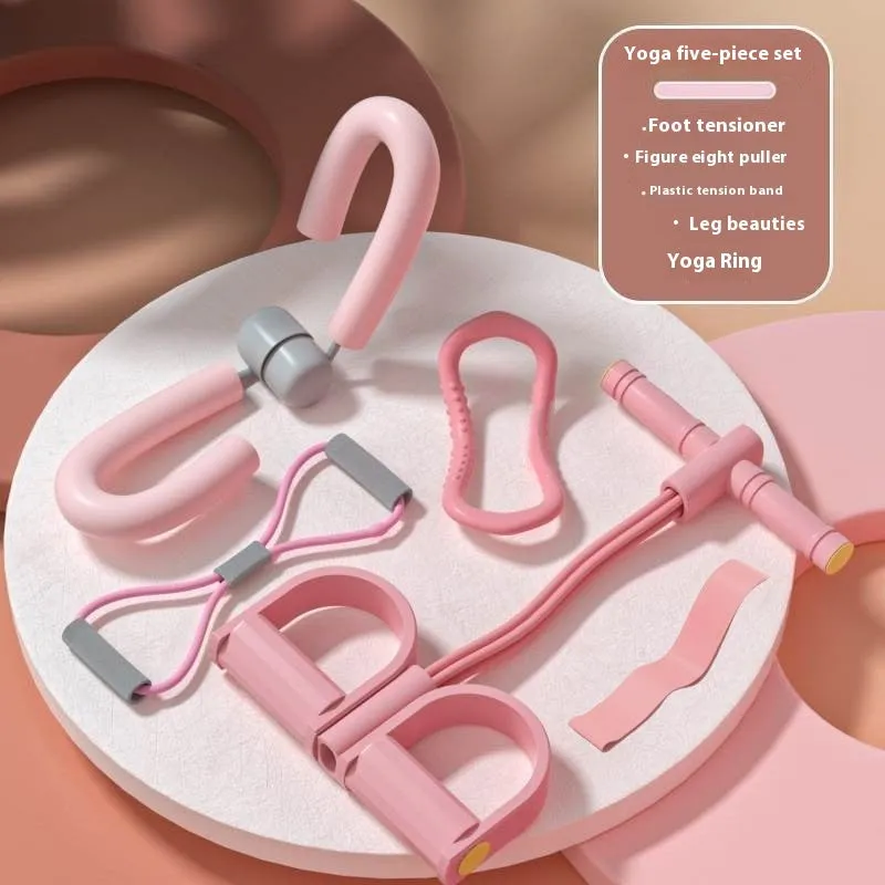 Yoga four piece set showing leg stretching device, yoga ring, pedal tensioner and figure eight tension rope