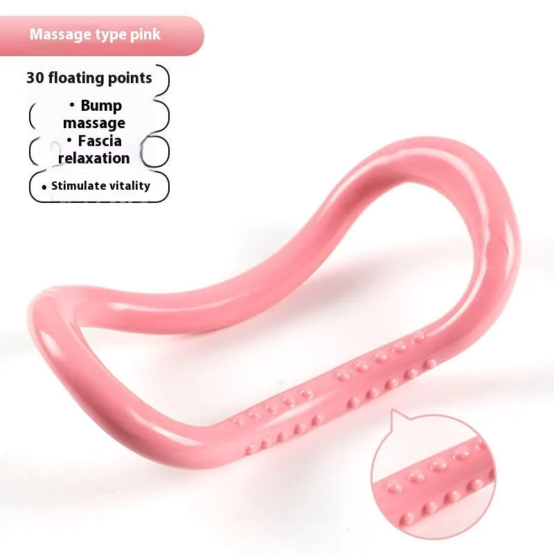 Yoga four piece set showing leg stretching device, yoga ring, pedal tensioner and figure eight tension rope